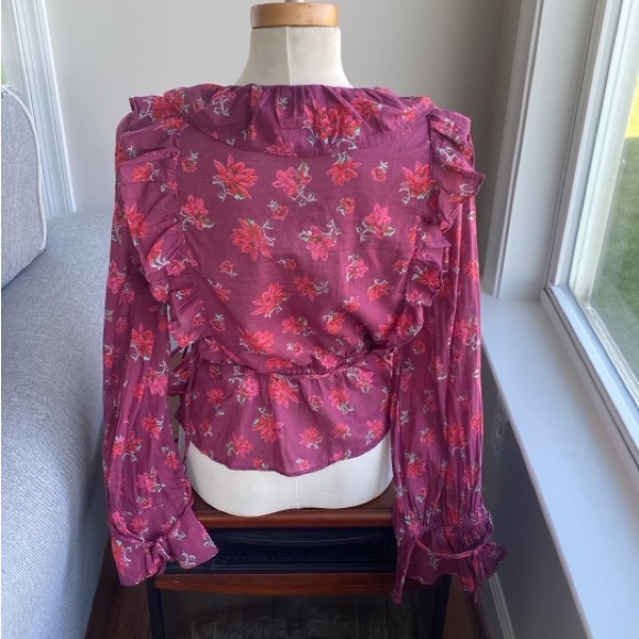 Free People Amanda Ruffle Wrap Top burgundy Floral size M NWT - Picture 2 of 8